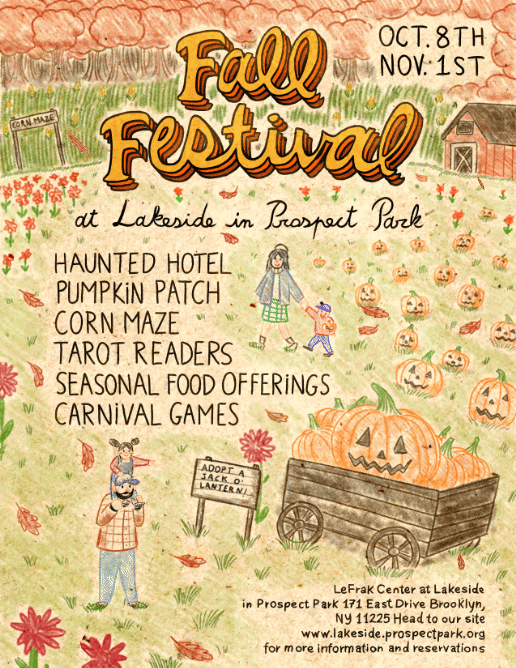 Hand-illustrated Fall Festival at Lakeside poster: a family picking pumpkins in a field beside a corn maze and red barn, listing Haunted Hotel, Pumpkin Patch, Corn Maze, Tarot Readers, Seasonal Food Offerings, and Carnival Games, October 8 through November 1.